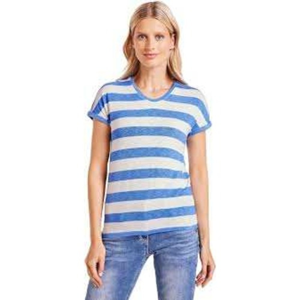 LOFT Blue White Striped Linen Blend Knit Short‎ Sleeve Top Coastal - Size L